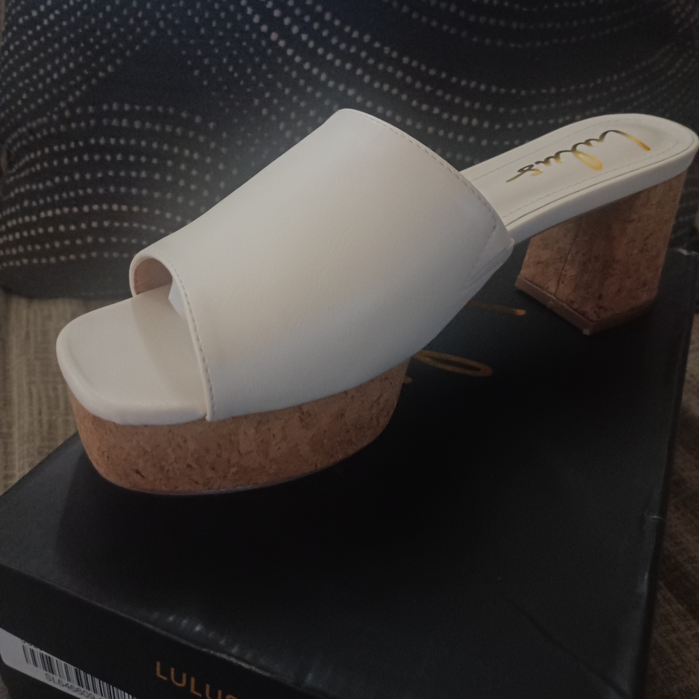 Lulu's White Mules with Cork Platform